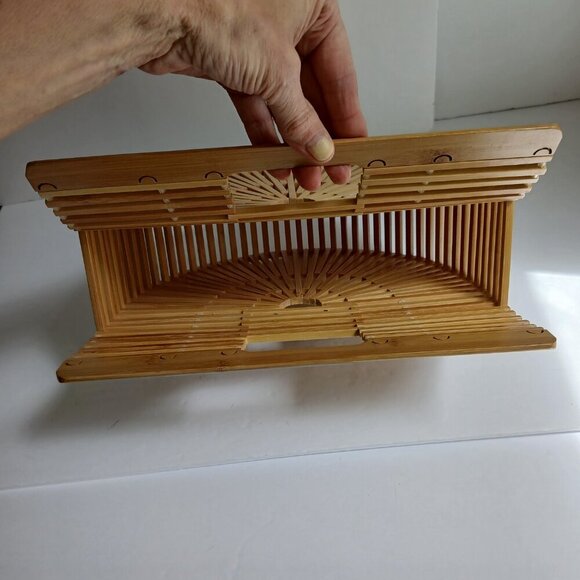 Woven Rattan Tan Bamboo Semi Circle Arc Satchel Bag - Picture 6 of 9